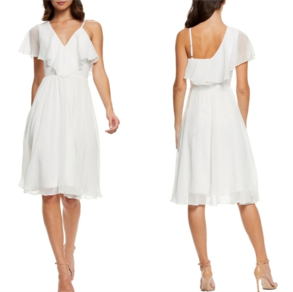 Dress the Population Claudia Ruffle Lace Chiffon One Shoulder Midi V Neckline
